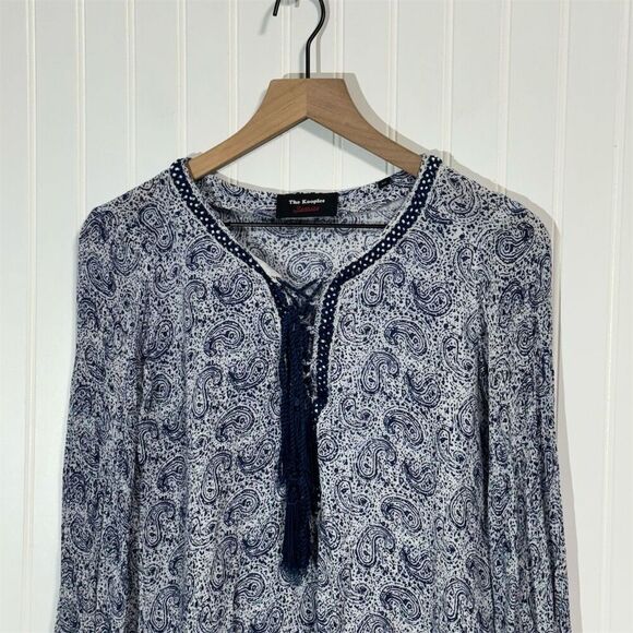 The Kooples Sunrise Blue Paisley Boho Tassel Blouse XS Romantic Bohemian Top - Picture 2 of 11